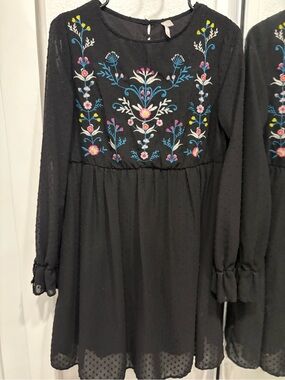 Xhilaration Black Dress with Pink Logo Tag and Multicolor Floral Embroidery
